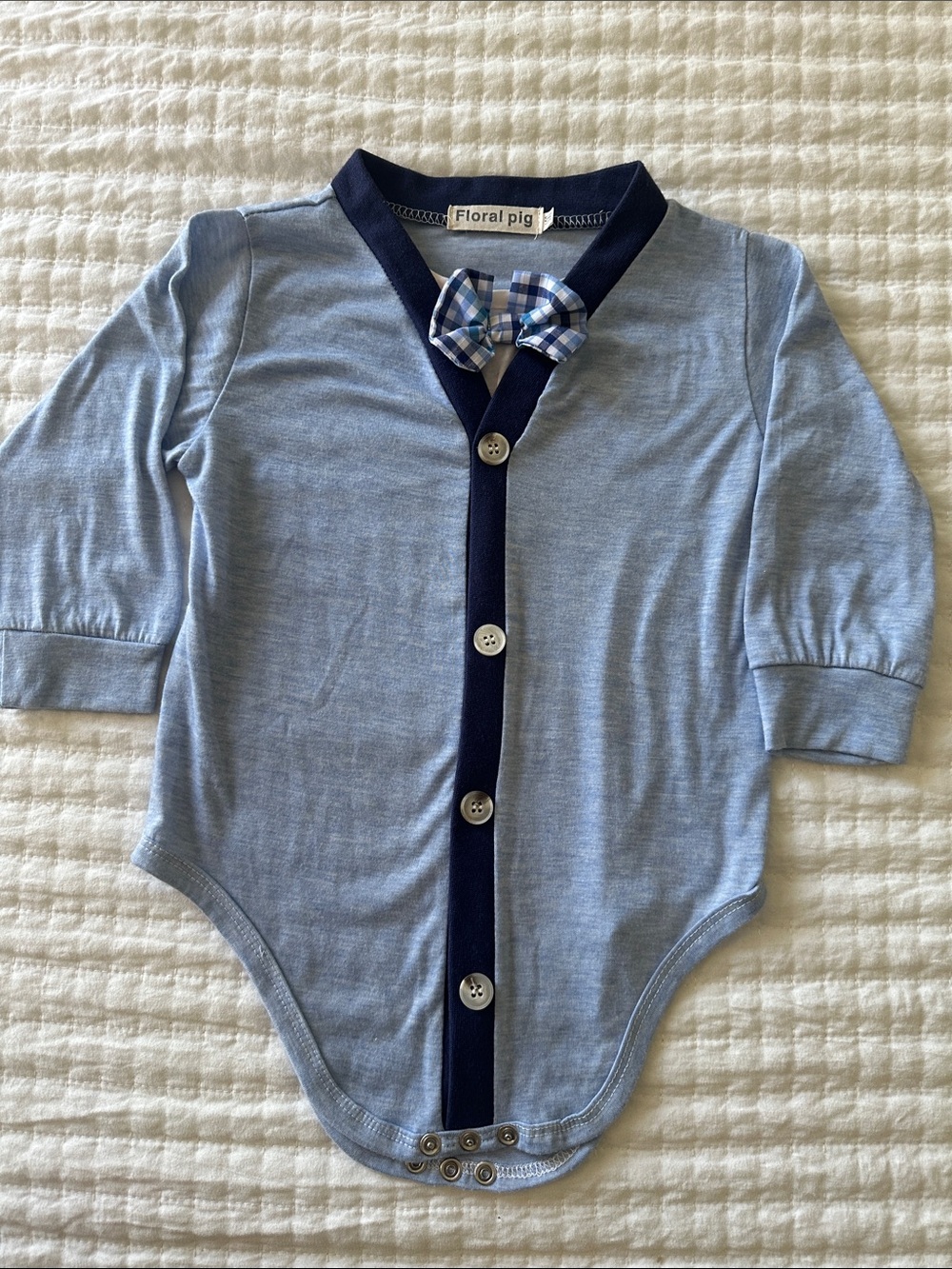 Light Blue Baby Bodysuit with Navy Trim & Gingham Bow